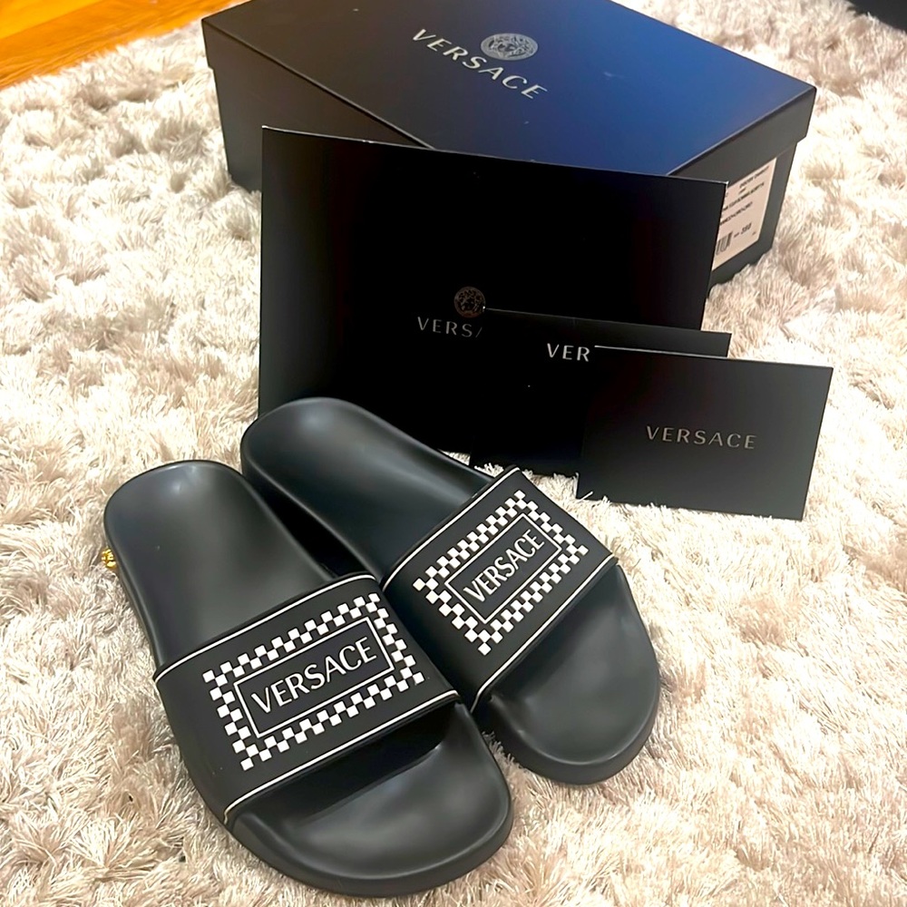 Versace Logo Pool Slides Black & White Sz 38